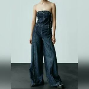 NWT Zara Strapless Wide Leg Denim Jumpsuit blue size small
